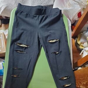 Black Ripped Look Leggings with Camoflage Design in rips Medium